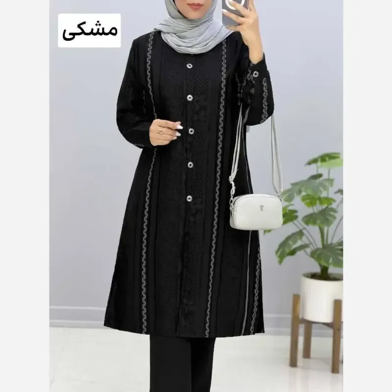 مانتو بلند زنانه کرپ ژاکارد رنگ مشکی سایز بزرگ