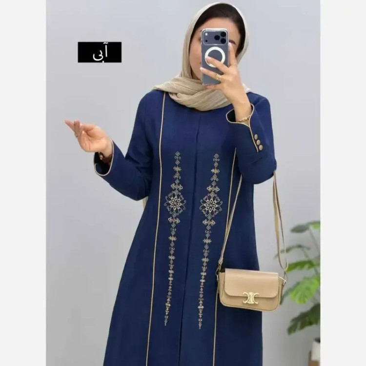 مانتو مزونی شانتون صوفیا جودن یقه هفت ایستاده سایز بزرگ رنگ آبی و مشکی