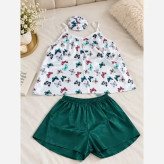 ست لباس خواب سه تیکه ساتن تاپ و شلوارک سایز 36 تا 46