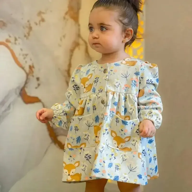 سارافون دخترانه کبریتی طرح آهو بهاره سایز 3 (4 تا 6 سال)